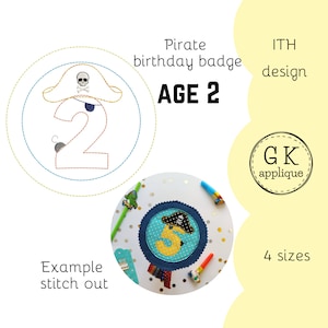 ITH Pirate 2nd birthday badge design. In the hoop birthday rosette, age 2. In the hoop birthday party machine embroidery design.