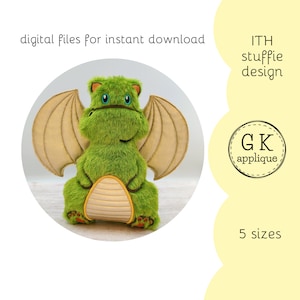 ITH Dragon stuffie design. In the hoop dragon plushie. ITH soft toy machine embroidery design. ITH animal softie pattern. 5 sizes.