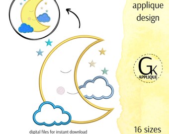 Sleeping moon applique design. Machine embroidery design.