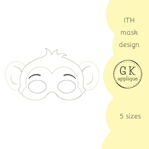 May include: A black and white outline of a monkey mask with stitched details. The mask is designed for in-the-hoop embroidery and comes in five sizes. The text "ITH mask design" and "GK applique" is also included in the image.