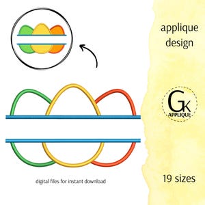 Peut inclure: Modèle d'applique de trois œufs de Pâques en vert, jaune et orange avec une bannière bleue au milieu. Le motif est disponible en 19 tailles. "Gk Applique" est écrit dans un cercle.