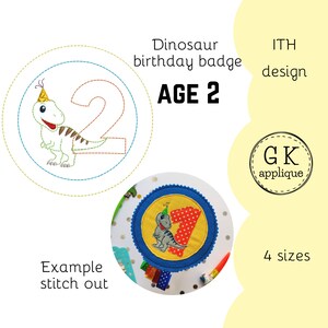 ITH Dinosaur 2nd birthday badge design. In the hoop birthday rosette, age 2. In the hoop dino birthday party machine embroidery design.