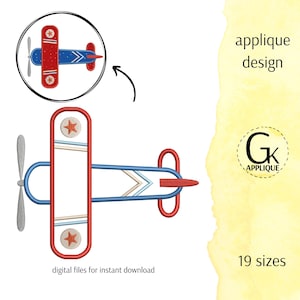 Biplane applique design. Plane machine embroidery pattern. 17 sizes. Digital download.