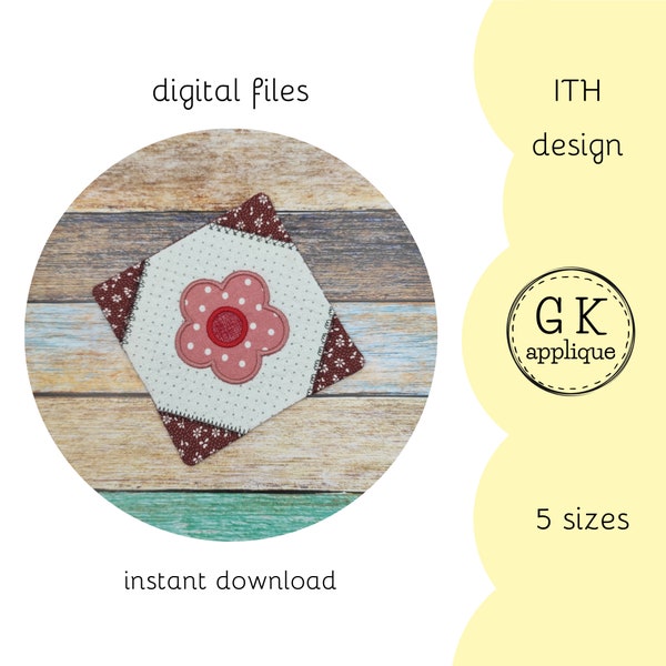 ITH Flower mug rug pattern. ITH sping machine embroidery design. Flower quilt block embroidery pattern.