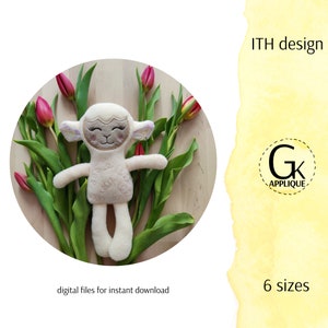May include: A cream-colored lamb plush toy with embroidered facial features and a stitched body, surrounded by red tulips and green leaves. The image includes the text "ITH design", "digital files for instant download", and "6 sizes". A logo is also present.