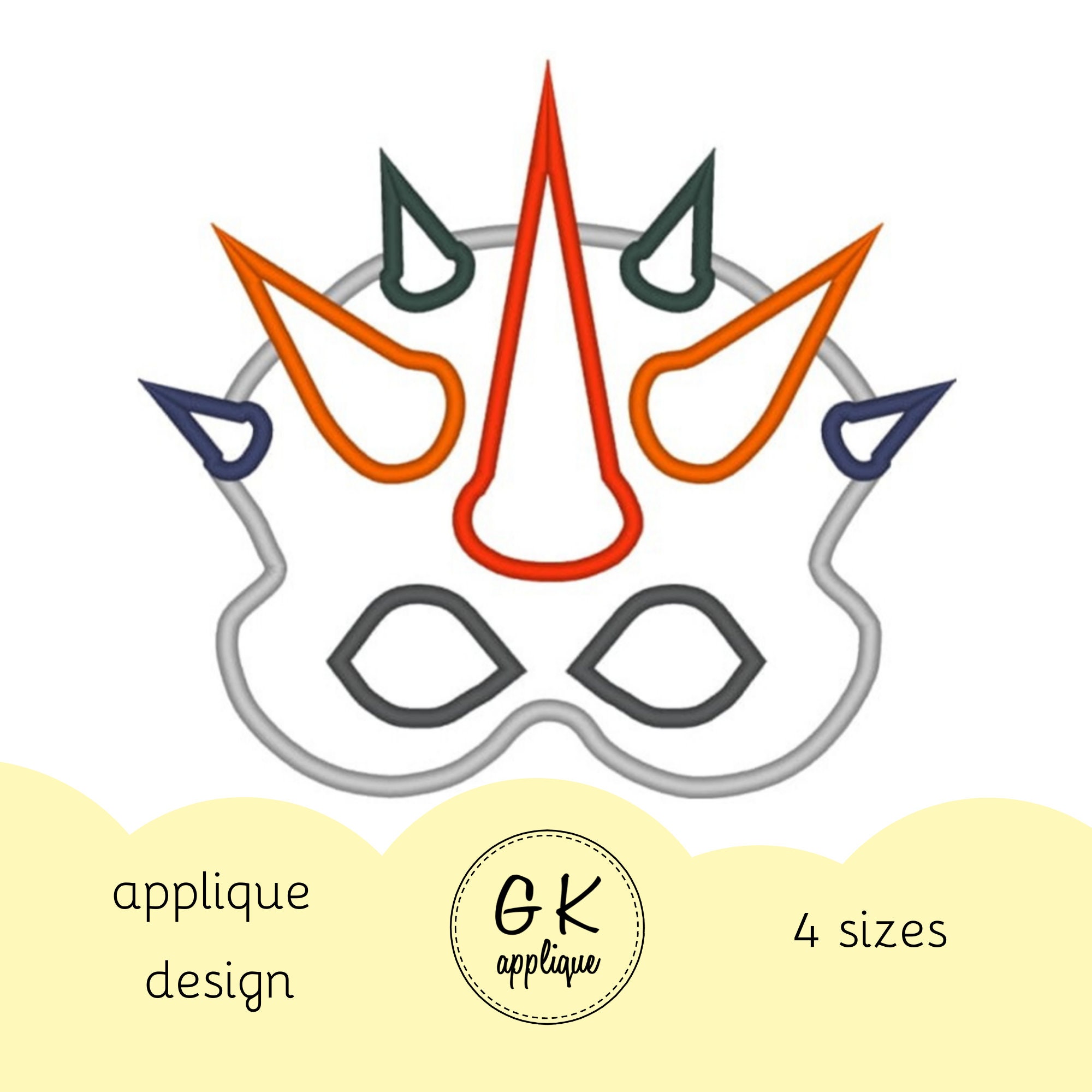 ITH triceratops mask applique design. Dinosaur mask design. Halloween mask embroidery design. In the hoop design. Machine embroidery design.