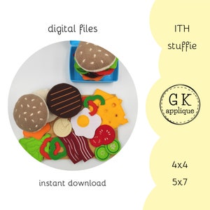 ITH Burger play food set designs. ITH burger pattern. ITH food machine embroidery designs. Set of 16 designs in two sizes each.