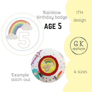 ITH Rainbow 5th birthday badge design. In the hoop birthday rosette, age 5. In the hoop machine birthday party embroidery design.