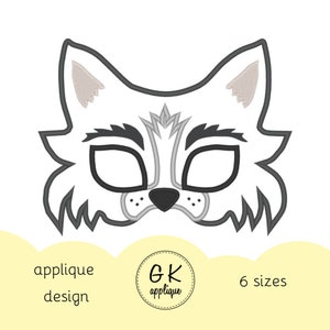 May include: A black and white applique design of a wolf face with gray ears. The design is available in 6 sizes.  GK applique.