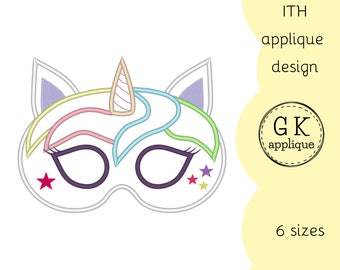 ITH Unicorn mask applique design. Pretend mask machine embroidery pattern.