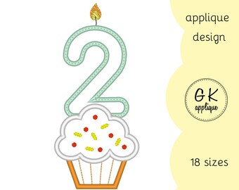 Cupcake candle applique design - number 2. Machine embroidery pattern.