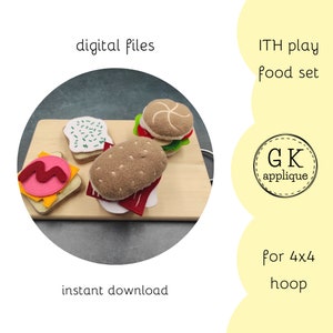 May include: A set of four felt food items for a 4x4 inch embroidery hoop. The set includes a hamburger, a sandwich, a slice of bread with sprinkles, and a slice of bread with a pink swirl and yellow cheese. The items are on a wooden chopping board. The text "ITH play food set" and "GK applique" are visible in the image.