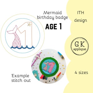 ITH Mermaid 1st birthday badge design. In the hoop birthday rosette, age 1. In the hoop sea birthday party machine embroidery design.