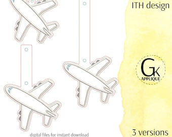 ITH plane luggage tag design. ITH plane key chain. In the hoop machine embroidery design.
