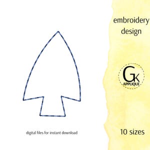 Pode incluir: Um contorno simples de uma forma de seta em azul, com o texto "embroidery design" e "10 sizes" em preto. O texto "Gk Applique" está em um círculo com um contorno preto.