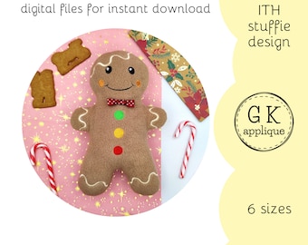 ITH Peperkoek man stuffie design. In de hoepel pluche. ITH winter softie machine borduurwerk ontwerp. ITH Kerst softie patroon. 6 maten.