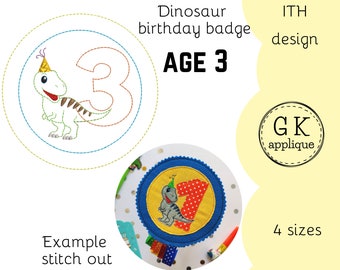 ITH Dinosaur 3rd birthday badge design. In the hoop birthday rosette, age 3. In the hoop dino birthday party machine embroidery design.