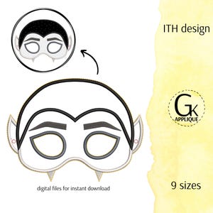 May include: An ITH design embroidery pattern for a vampire mask featuring a black hairline, pointed ears, thick eyebrows, and two white fangs. The image includes a circular preview of the finished mask, the text ITH design, GK APPLIQUE, and 9 sizes.