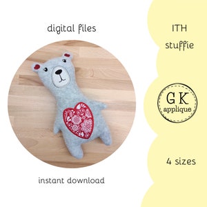 ITH Love teddy bear stuffie design. ITH bear soft toy. In the hoop machine embroidery design