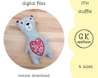ITH Love teddy bear stuffie design. ITH bear soft toy. In the hoop machine embroidery design