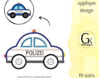 May include: A blue and white police car applique design with the word "Polizei" on the side. The design is available in 19 sizes.