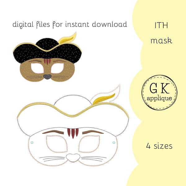 ITH Puss in Boots mask design. ITH fairy tale pretend mask pattern. Halloween mask machine embroidery design.