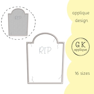 Puede incluir: Un diseño de aplique de lápida gris con el texto "RIP" en él. El diseño está disponible en 16 tamaños.