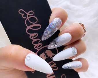 Ice Queen set | white glitter ombre  | white | press on nails | almond | coffin | stiletto |  press on | short nails | silver