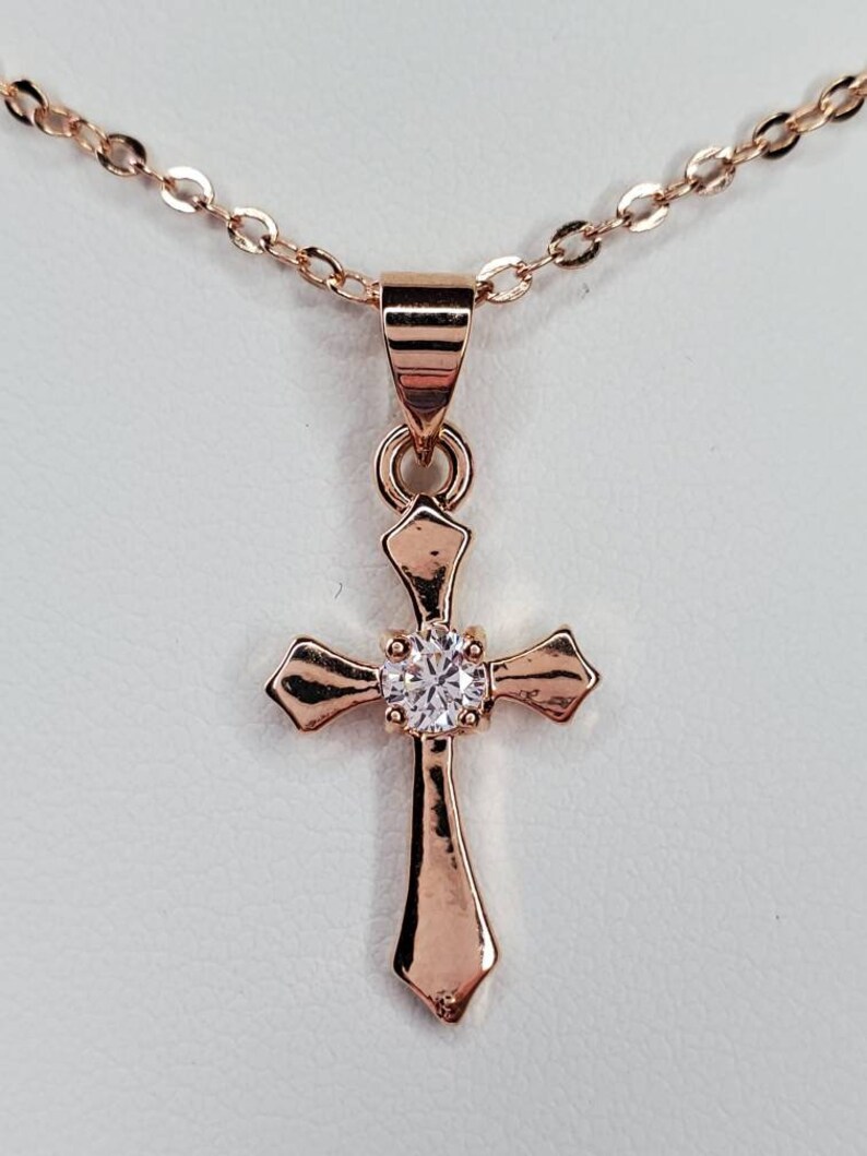 Cross Necklace Gift for Her, Rose Gold Cubic Zirconia Cross Necklace 16k Gold Plated Charm Necklace Gifts for Girlfriend Rhodium