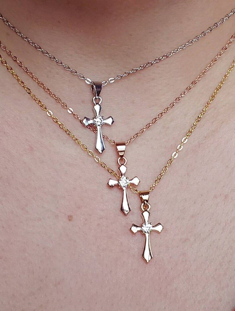Cross Necklace Gift for Her, Rose Gold Cubic Zirconia Cross Necklace 16k Gold Plated Charm Necklace Gifts for Girlfriend Rhodium