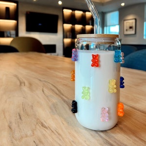 Custom Rainbow Gummy Bear Bamboo Glass Tumbler Cup, Coffee Cup, Glass with Lid,  Retro Glass Straw Included