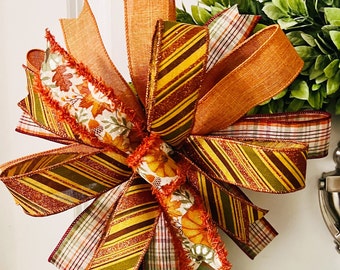 Fall Wreath Bow, Autumn Accent Bow, Thanksgiving Lantern Bow, Pumpkin Fall Decor, Traditional Fall Ribbon Bow