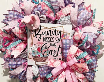 Easter Bunny Wreath, Bunny Kisses and Easter Wishes Wreath, Pink Easter Front Door Decor, Spring Bunny Wreath