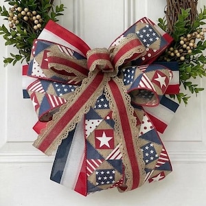 Patriotic Patchwork Bow Wreath Embellishment, Americana Star Stripe Burlap Lace, Red White Navy Summer Decorbow