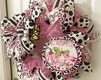 Breast Cancer Awareness Wreath, Pink Pumpkin Ribbon Wreath, Hope Faith Strong Door Decor, Handmade Fall Support Gift