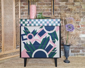 Geometric design hand painted midcentury chest of drawers