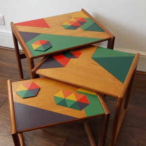 AVAILABLE Bespoke hand painted geometric design mid century nest of tables
