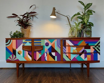 MADE TO ORDER, Customisable Bespoke Hand Painted Geometric Mid Century Sideboard, Credenza, One- Of-A-Kind Geometric Unique.