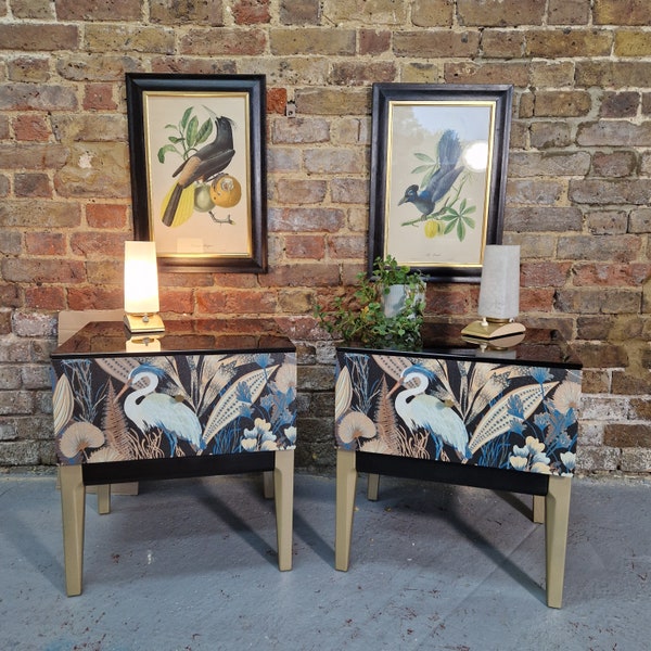 Chic Mid-Century Style Bedside Tables Nightstands, Heron Pattern Design, Vintage Inspired Nightstand Set, Artisan Crafted Mid Century Tables