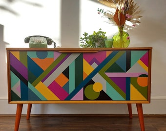 Custom Painted Geometric Mid Century Sideboard, Bespoke Design, Unique Furniture Made to Order, Artisan Crafted Storage, Modern Home Decor