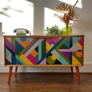 Custom Painted Geometric Mid Century Sideboard, Bespoke Design, Unique Furniture Made to Order, Artisan Crafted Storage, Modern Home Decor
