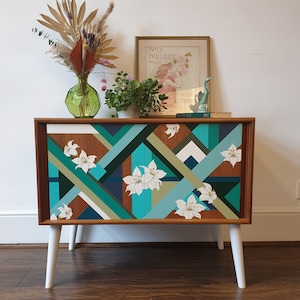 MADE TO ORDER Bespoke hand painted geometric & floral design mid century record cabinet