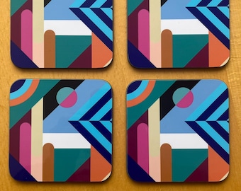 A Set of Four, Handmade Colourful Geometric Coasters, Unique Drink Coasters, Abstract Design, Modern Table Decor, Artistic Accessories.