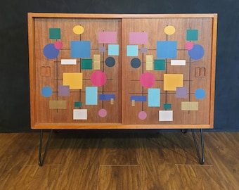 MADE TO ORDER, Bespoke hand painted geometric design, mid century cabinet sideboard, Bespoke Home Decor, Storage Solution, Retro sideboard.