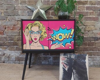 WOW! Pop Art Upcycled 1960s Record Cabinet | Mid Century Vinyl Storage Cabinet | Comic Book Furniture | One-of-a-Kind Statement Piece