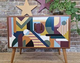 Custom Painted Geometric Mid Century Sideboard, Bespoke Design, Unique Furniture Made to Order, Artisan Crafted Storage, Modern Home Decor