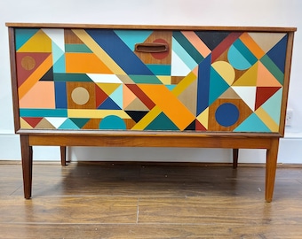 MADE TO ORDER, Bespoke hand painted geometric design, mid century media cabinet, Bespoke Home Decor, Storage Solution, Retro sideboard