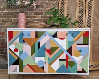 Custom Painted Geometric Mid Century Sideboard, Bespoke Design, Unique Furniture Made to Order, Artisan Crafted Storage, Modern Home Decor