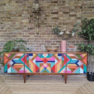 MADE TO ORDER, Customisable Bespoke Hand Painted Geometric Mid Century Sideboard, Credenza, One- Of-A-Kind Geometric Unique.