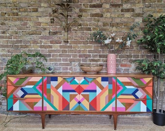 MADE TO ORDER, Customisable Bespoke Hand Painted Geometric Mid Century Sideboard, Credenza, One- Of-A-Kind Geometric Unique.